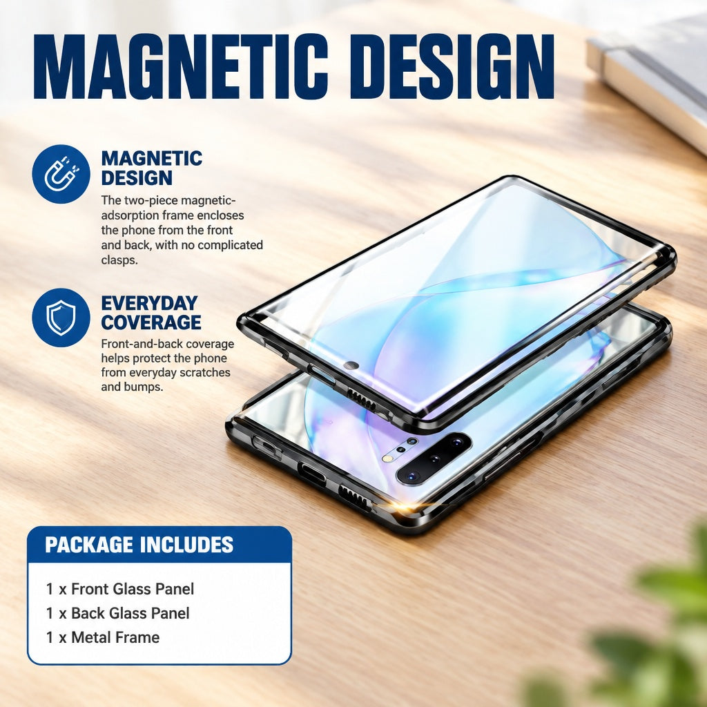 360° Magnetic Case for Samsung Galaxy Note 10 Plus SM-N975U, Tempered Glass Back Cover with Metal Fr