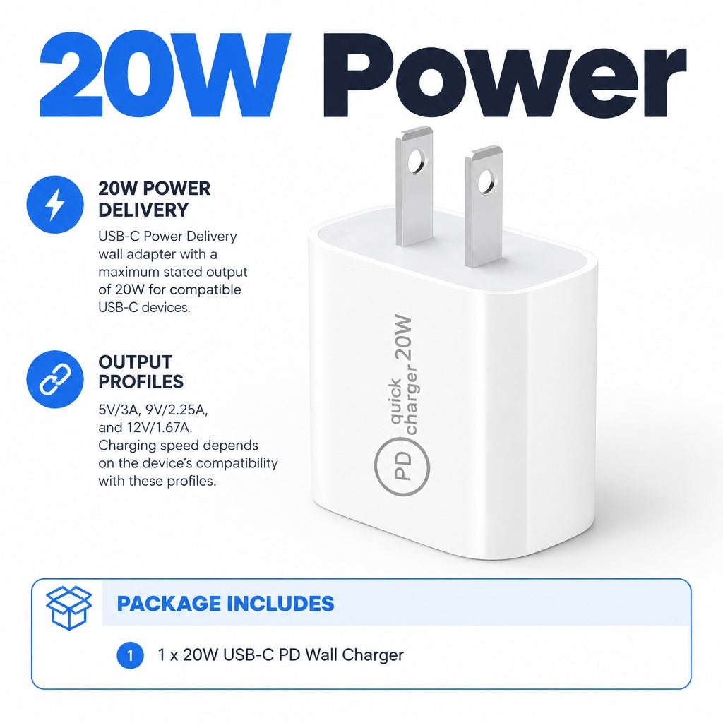 20W USB-C PD Wall Charger, Type-C Power Adapter with US Plug for Compatible USB-C Devices, Including
