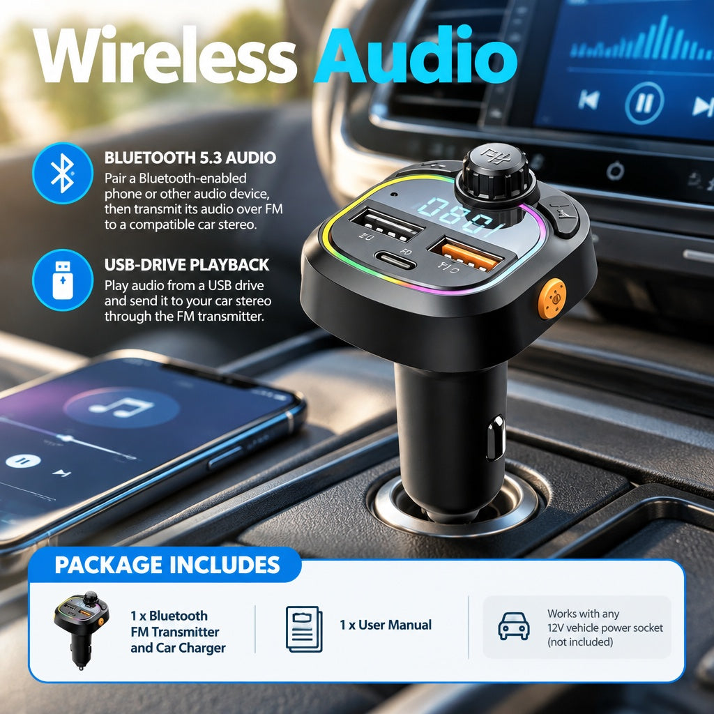 Durable Wireless Universal Sleek Multifunctional Car MP3 Player, PD Fast Charger