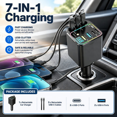 7-in-1 Retractable Car Charger with 3 USB-C Cables, 2 USB-C Ports, 2 USB-A Ports, LED Voltage Displa