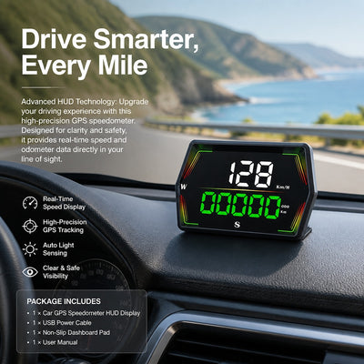 Universal GPS Car Speedometer Display, Dashboard-Mounted Digital HUD with Time, Mileage, Compass, an