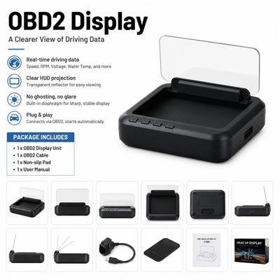 C100 OBD2 Head-Up Display for Cars, Digital Speedometer with Foldable Reflector, RPM, Battery Voltag