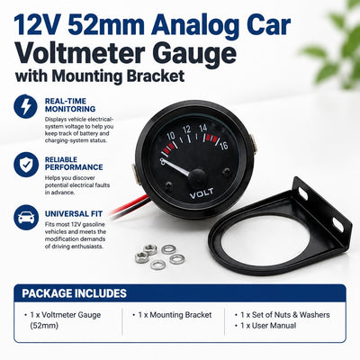 12V Car Voltmeter Gauge 52mm Universal Auto Battery Voltage Monitor with Bracket