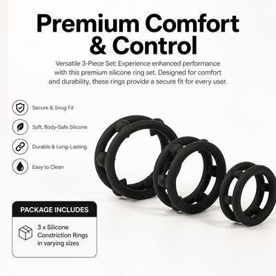 3-Piece Flexible Black Penis Ring Set, Double-Band Design with Rounded Connectors, Three Sizes