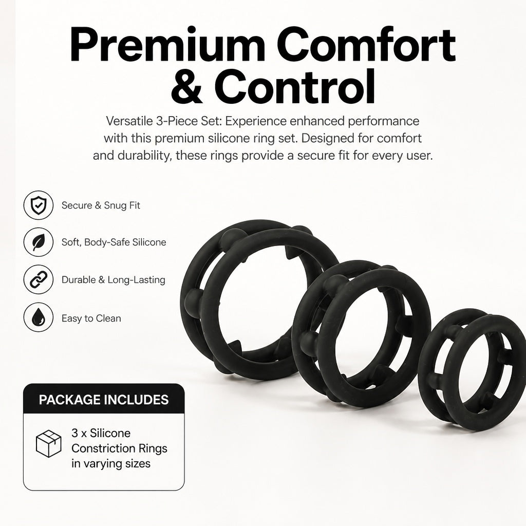 3-Piece Flexible Black Penis Ring Set, Double-Band Design with Rounded Connectors, Three Sizes
