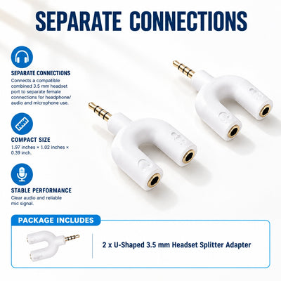 2-Pack U-Shaped 3.5 mm Headset Splitter Adapter, TRRS Male to Separate Headphone and Microphone Fema