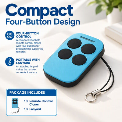 4-Button Multi-Frequency Garage Door Remote Control Cloner, 280–868 MHz, LED Indicator and Lanyard,