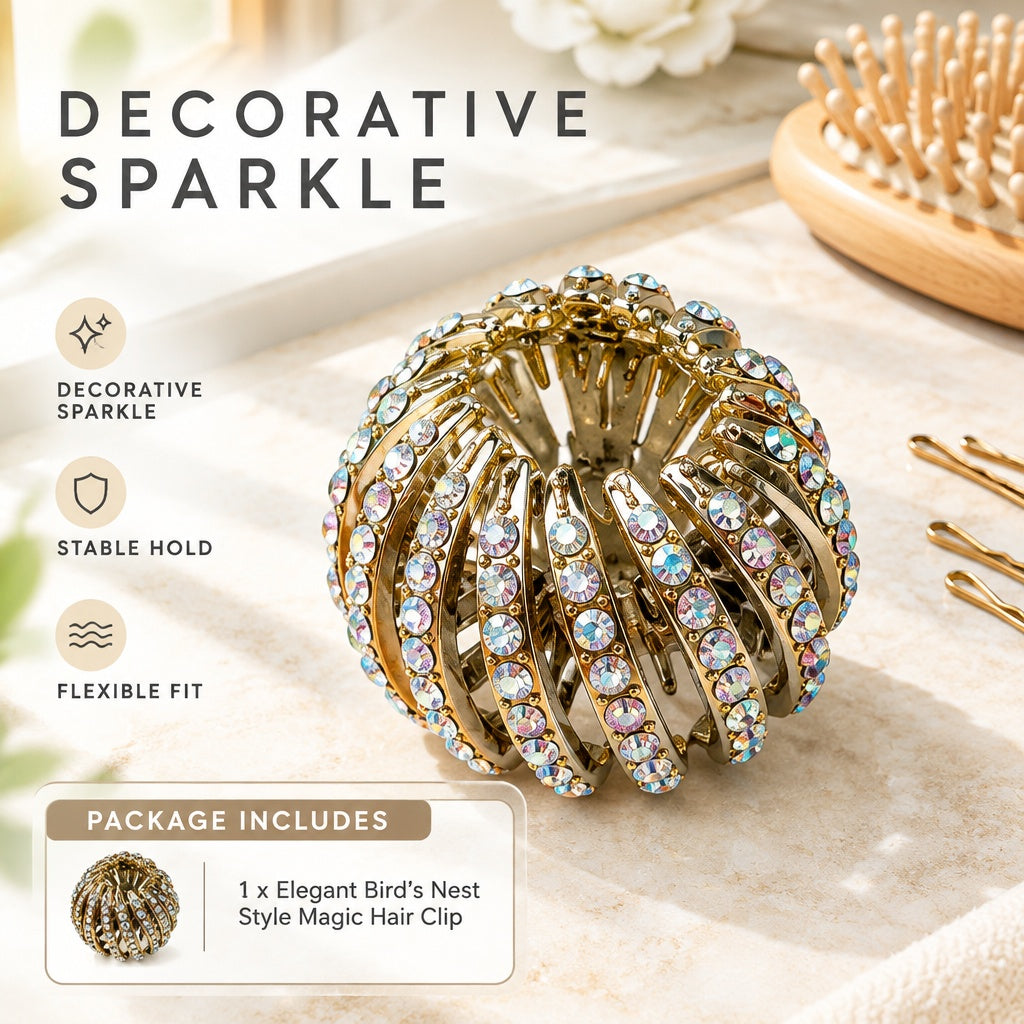 Bird's Nest Hair Clip Expandable Ponytail Holder Rhinestone Bun Maker for Women