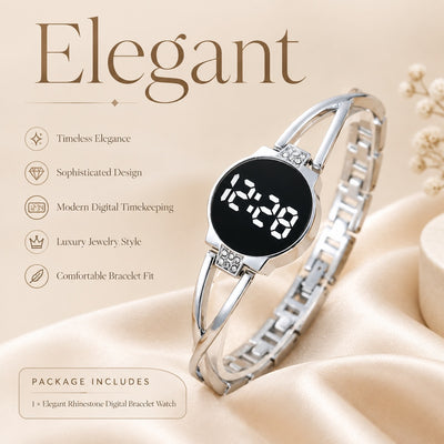 Women's LED Digital Bracelet Watch, Touch-Activated Round Display, Alloy Bangle-Style Band with Deco