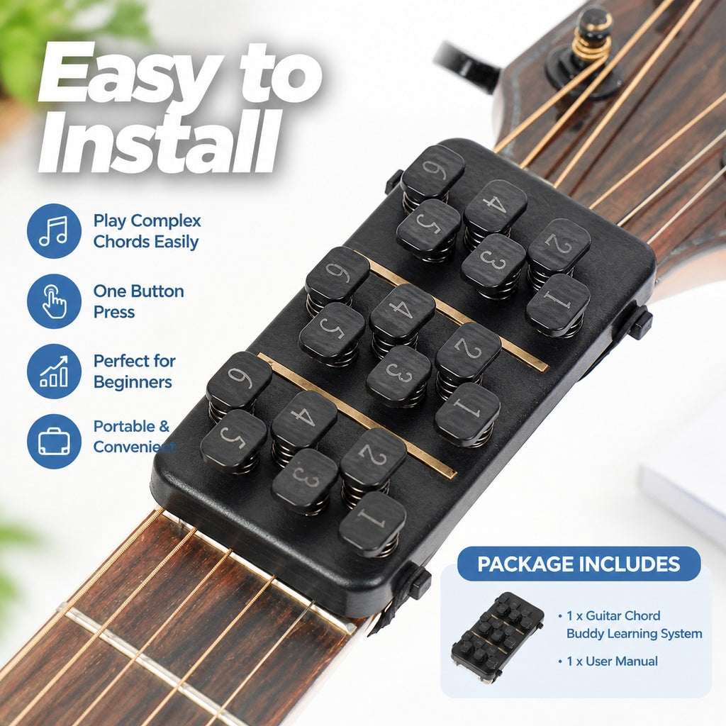Portable Guitar Chord Trainer for Beginners, Clamp-On Chord Practice Aid with Labeled Buttons, Compa