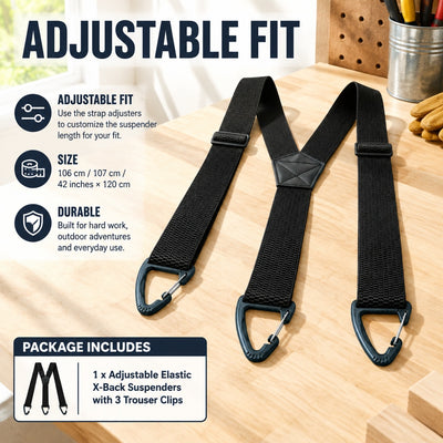 Adjustable Elastic X-Back Suspenders with 3 Trouser Clips, 1.5-Inch Wide Straps, Outdoor and Work Pa