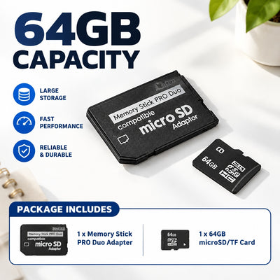 Good Quality 64GB Sony PSP Memory Stick Memory Card (Micro SD + Pro Duo Adapter)