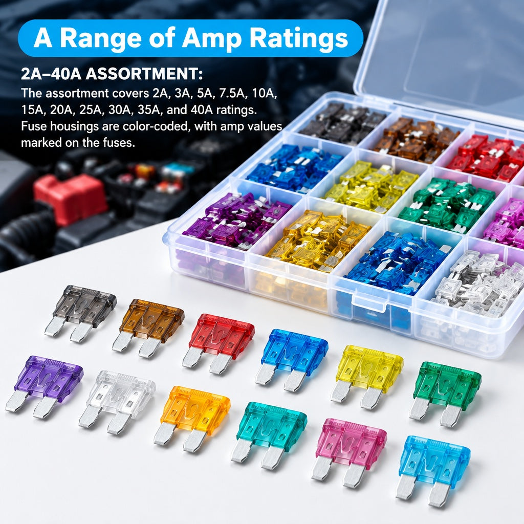Blade fuse assortment with colour-coded amp ratings