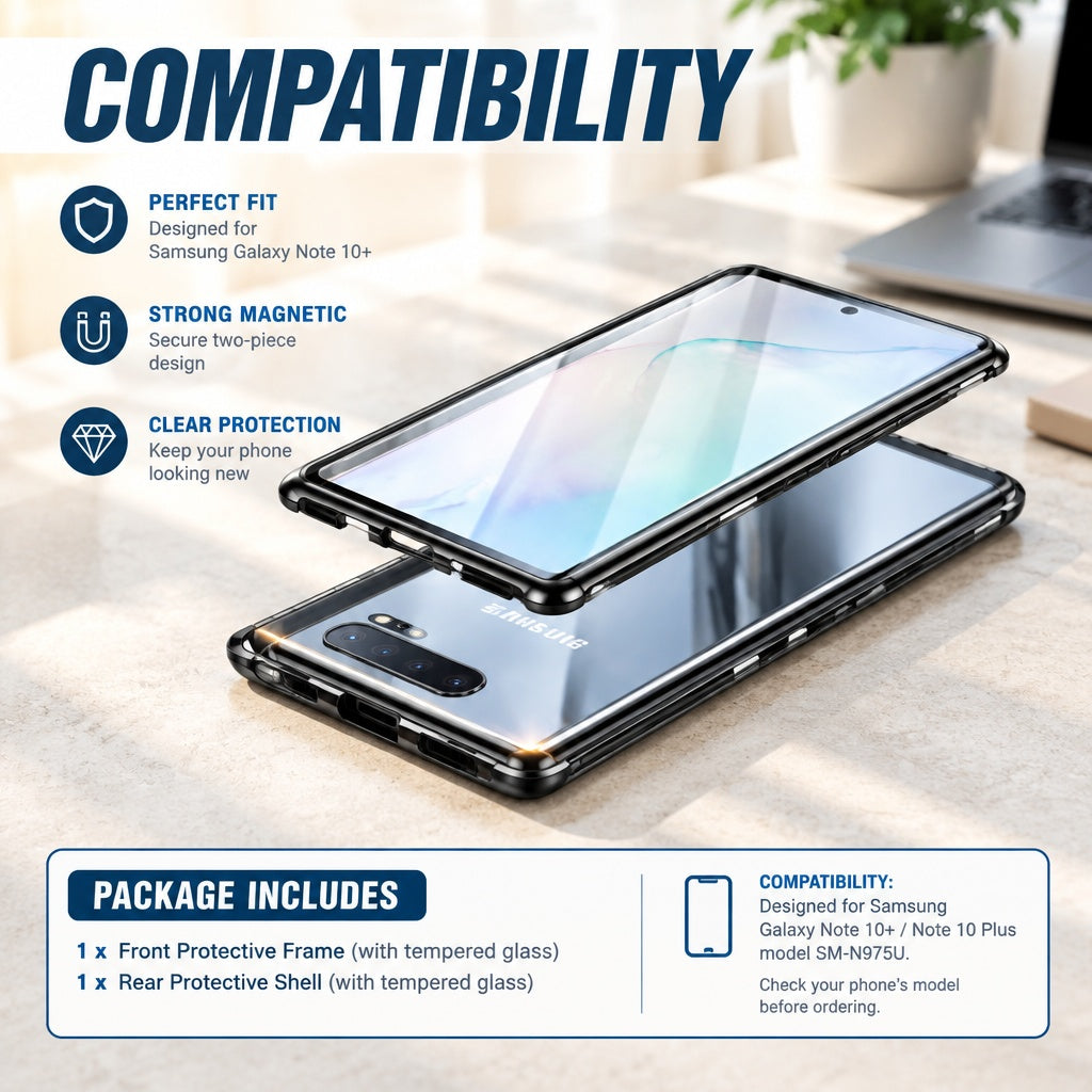 Magnetic Two-Piece Tempered Glass Case for Samsung Galaxy Note 10+ SM-N975U, 360° Full-Cover Protect
