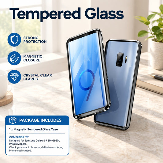 Magnetic Tempered Glass Case for Samsung Galaxy S9 SM-G960U, Metal Frame, Clear Front and Back, Shoc