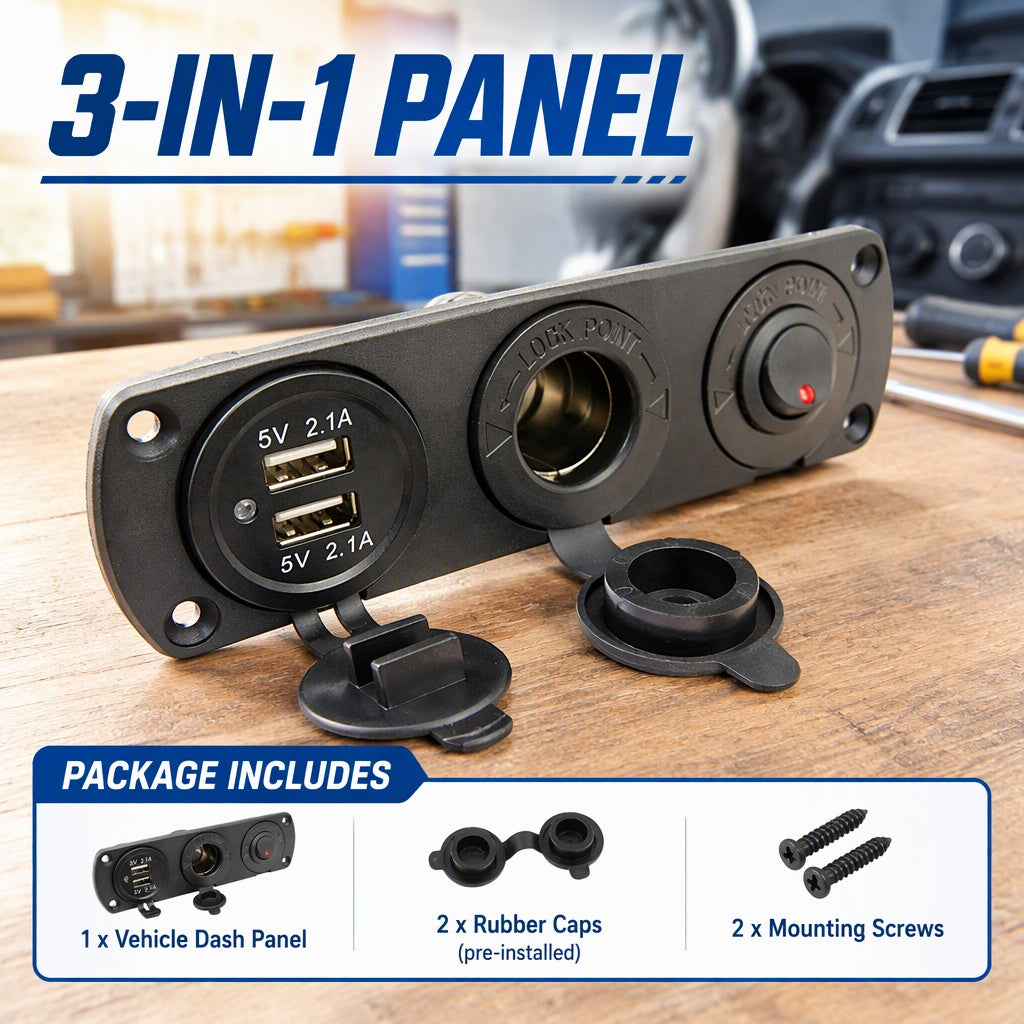 High Grade 3-Ports Panel with Cigarette Lighter Adapter and Dual USB Car Charger