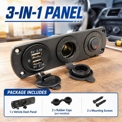 High Grade 3-Ports Panel with Cigarette Lighter Adapter and Dual USB Car Charger