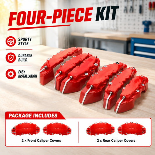 Universal Red 3D Brake Caliper Covers, 4-Piece Front and Rear Decorative Kit for Cars with Disc Brak
