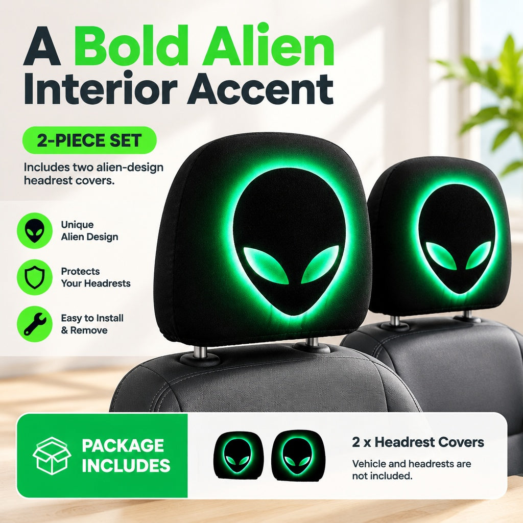 High Quality 2x Neon Alien Car Headrest Covers - Glowing Green Alien Face Design