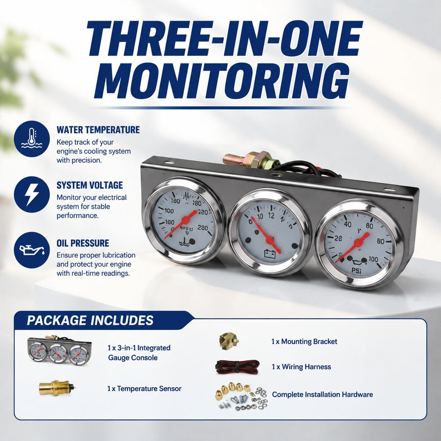 3 Gauge Cluster Kit Voltmeter Oil Pressure Water Temperature Fits 12V Motors