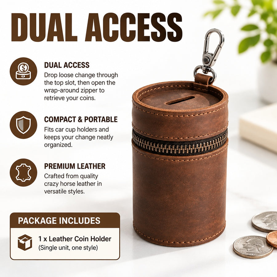 Vintage Leather Coin Tube Mini Change Case Fits Car Cup Slot Storage Travel