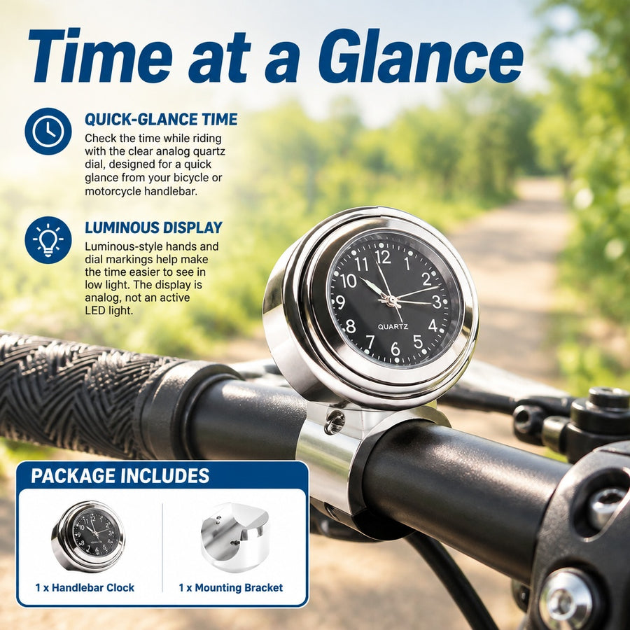 Waterproof Universal 22 - 25MM Handlebar Clock fits for Bicycles and Motorcycles
