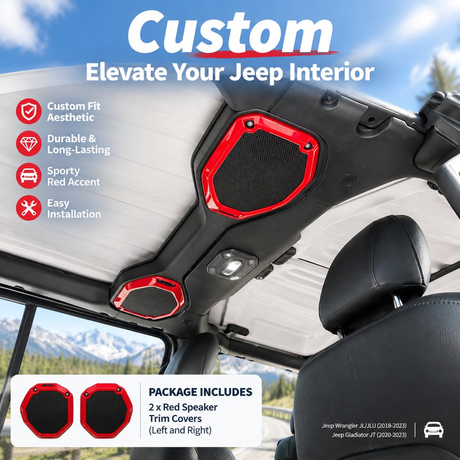 2-Piece Red ABS Roof Speaker Trim Rings for Jeep Wrangler JL/JLU 2018–2023 and Gladiator JT 2020–202