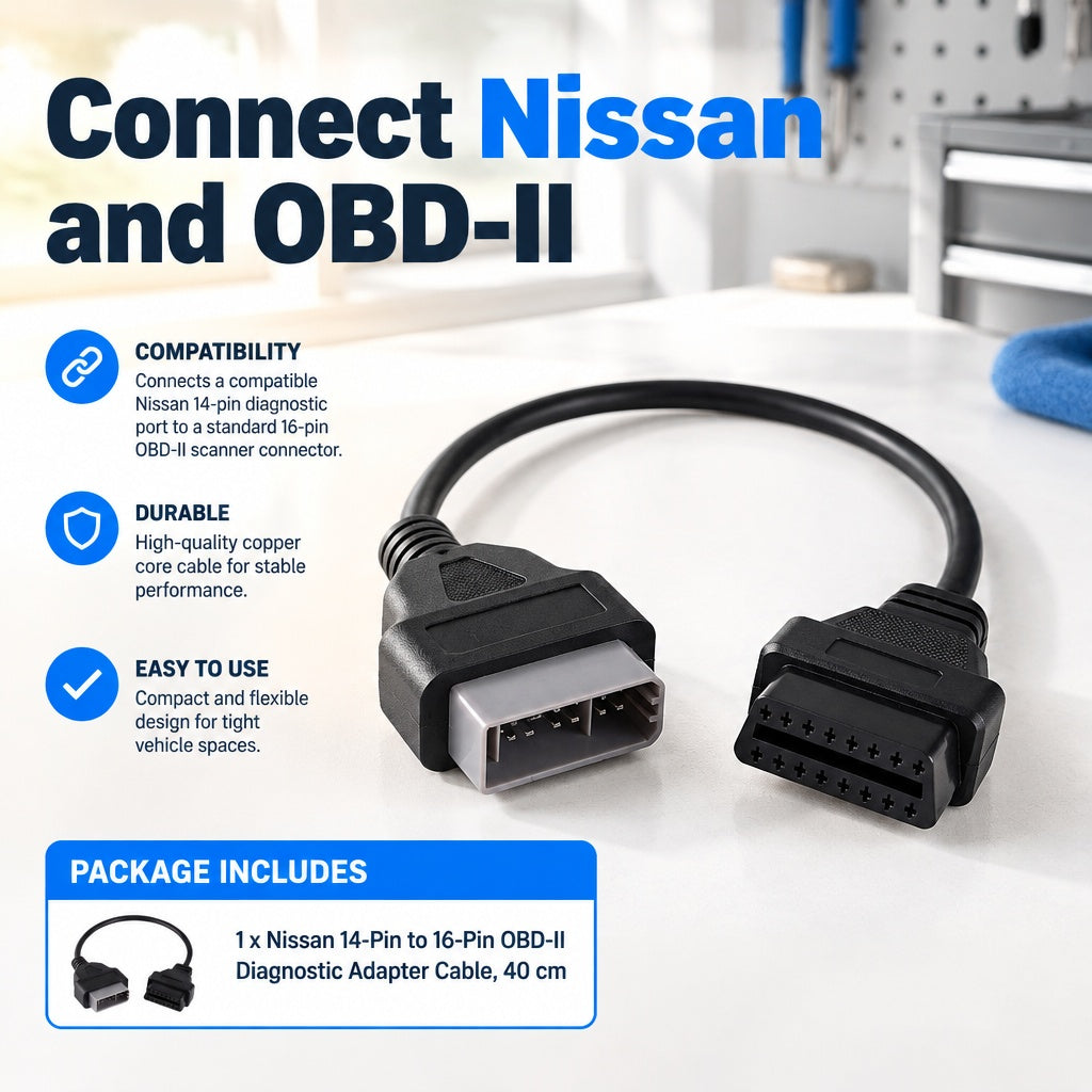 Nissan 14-Pin to 16-Pin OBDII Extension Cable Diagnostic Scanner Adapter Tool