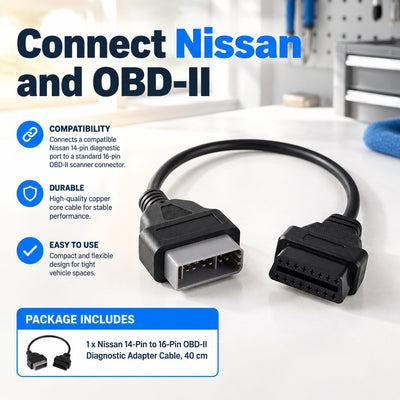 Nissan 14-Pin to 16-Pin OBDII Extension Cable Diagnostic Scanner Adapter Tool