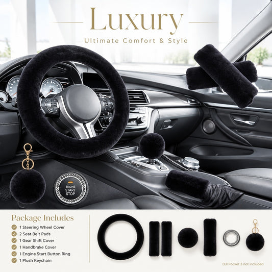 8-Piece Plush Car Interior Accessory Set, Steering Wheel Cover for 14–15 Inch Wheels, Gear Shift and