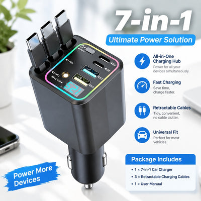 7-in-1 Car Charger for 12V/24V Vehicles, 3 Retractable USB-C Cables, 2 USB-C PD Ports, 2 USB-A Ports