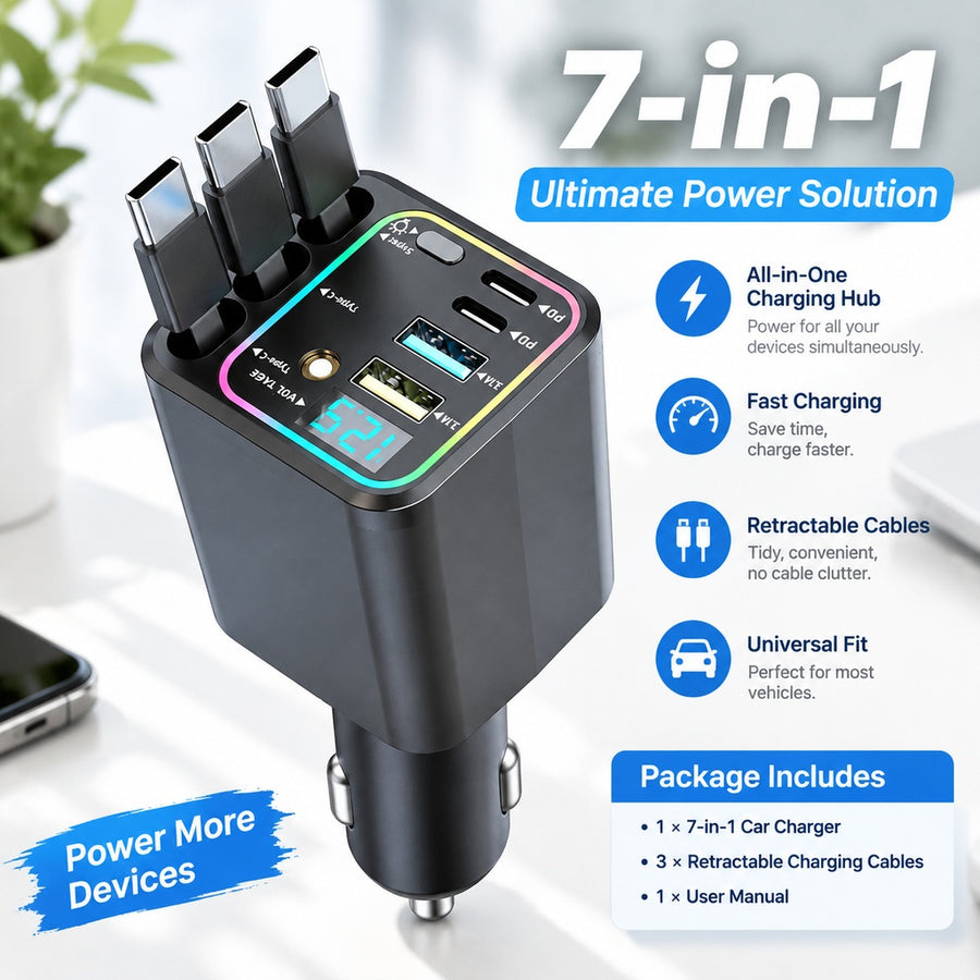 7-in-1 Car Charger for 12V/24V Vehicles, 3 Retractable USB-C Cables, 2 USB-C PD Ports, 2 USB-A Ports