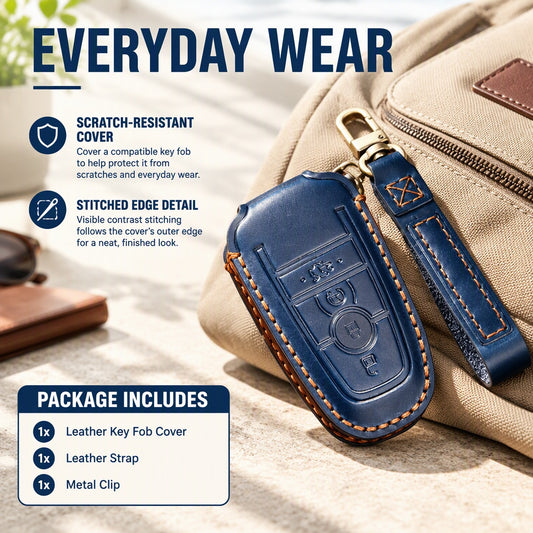 Leather Key Fob Cover with Strap and Metal Clip, Custom-Fit Case for Select Ford Focus, Mondeo, S-Ma