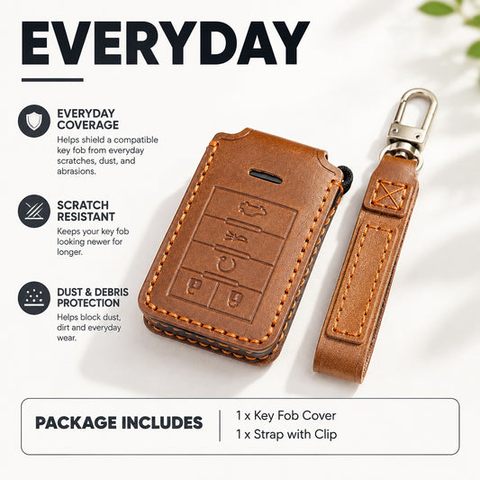 Leather Key Fob Cover for Cadillac Keyless Remote, Stitched Protective Case with Strap and Metal Cli