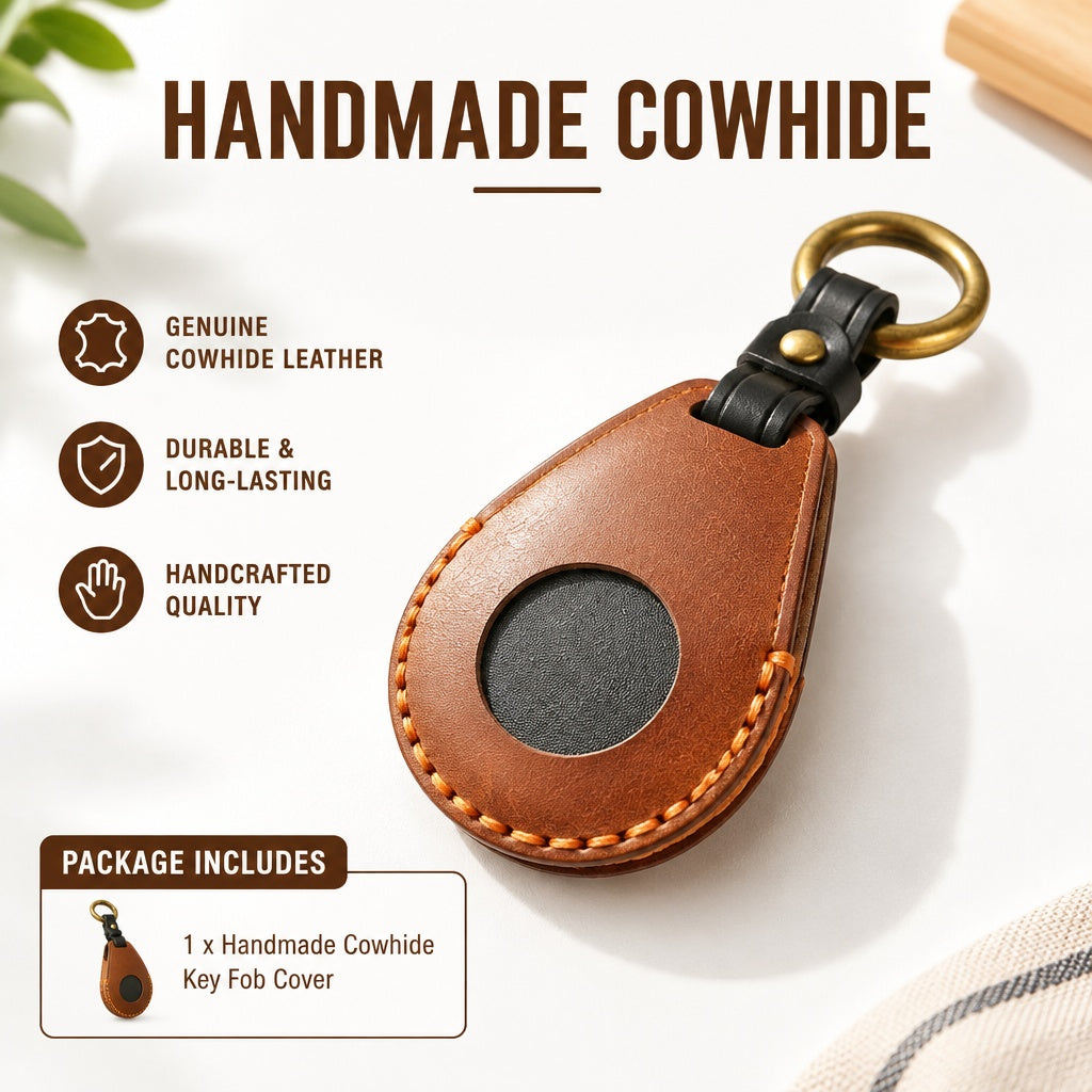 Handmade Cowhide Motorcycle Key Fob Case with Circular Window, Stitched Protective Cover, Leather St