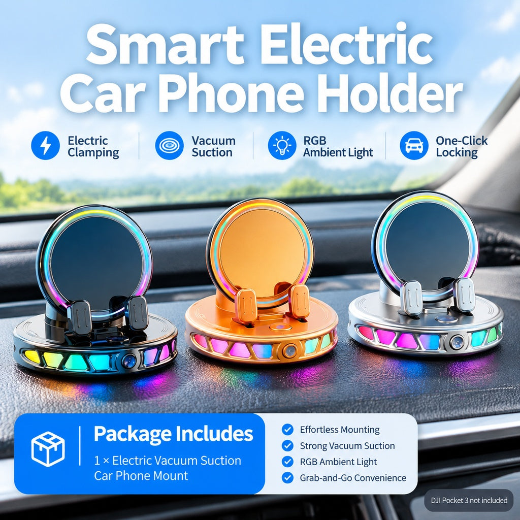 Universal Electric Car Phone Mount with Automatic Clamping, Vacuum Suction Dashboard Base, 360° Rota