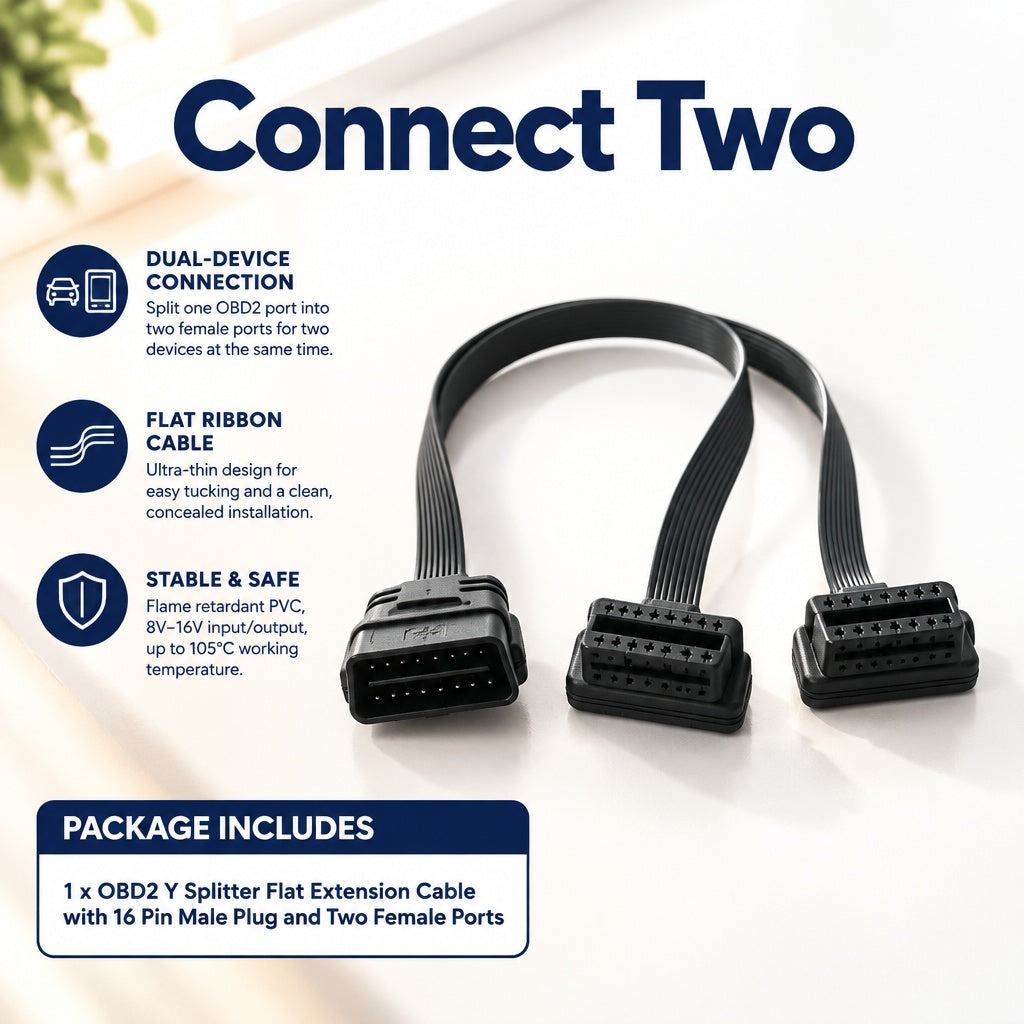 16-Pin OBD2 Y Splitter Extension Cable, Flat Ribbon Cable with 1 Male Plug and 2 Female Ports for OB