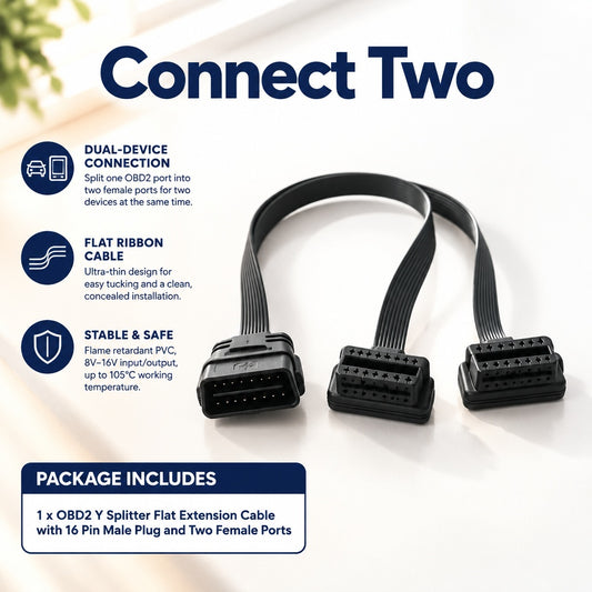16-Pin OBD2 Y Splitter Extension Cable, Flat Ribbon Cable with 1 Male Plug and 2 Female Ports for OB