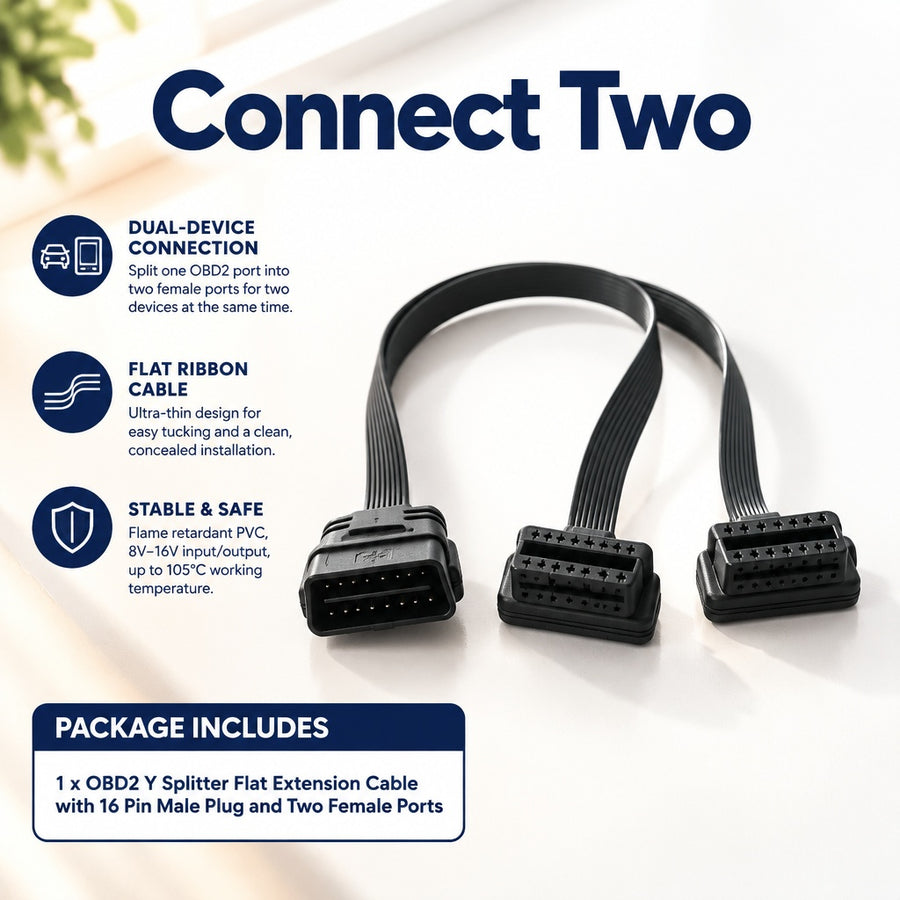 16-Pin OBD2 Y Splitter Extension Cable, Flat Ribbon Cable with 1 Male Plug and 2 Female Ports for OB