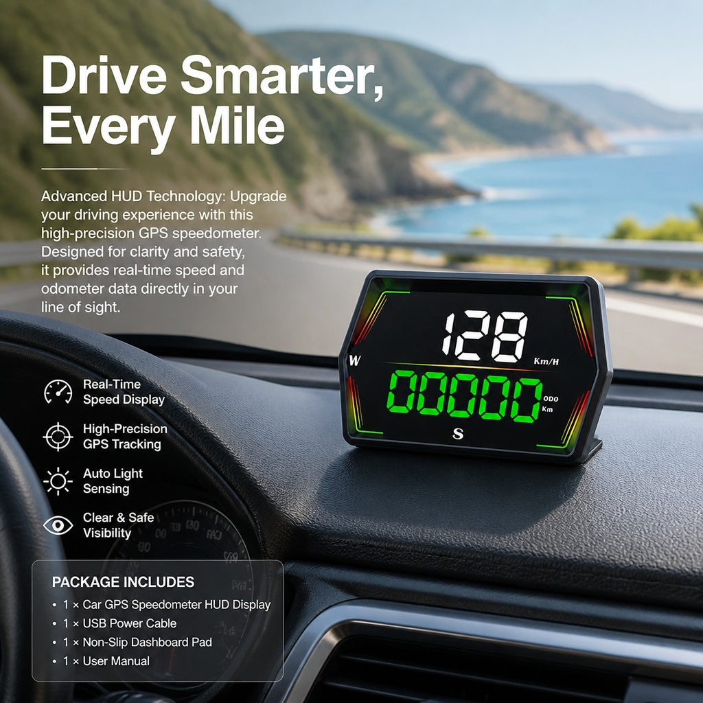 Universal GPS Car Speedometer Display, Dashboard-Mounted Digital HUD with Time, Mileage, Compass, an