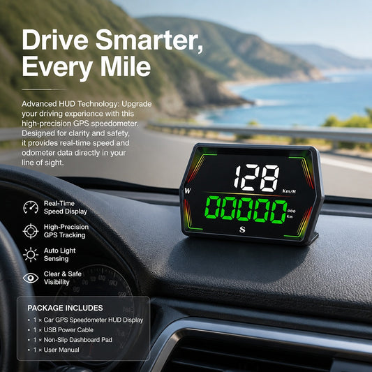 Universal GPS Car Speedometer Display, Dashboard-Mounted Digital HUD with Time, Mileage, Compass, an