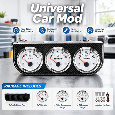Universal 3-Gauge Automotive Dash Panel, Water Temperature and Oil Temperature Gauges with Third Gau