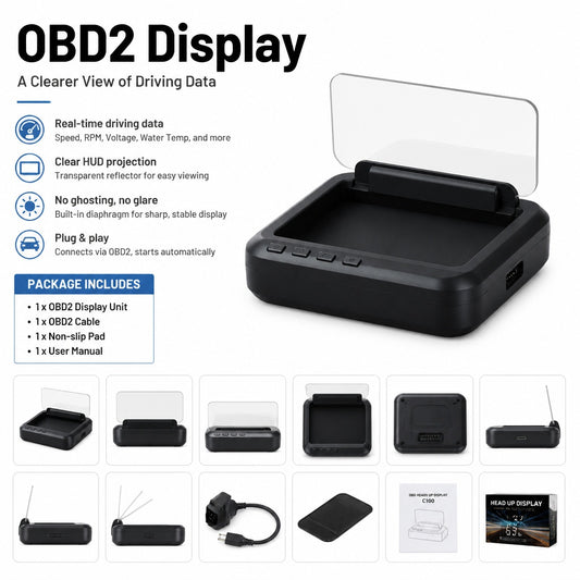 C100 OBD2 Head-Up Display for Cars, Digital Speedometer with Foldable Reflector, RPM, Battery Voltag