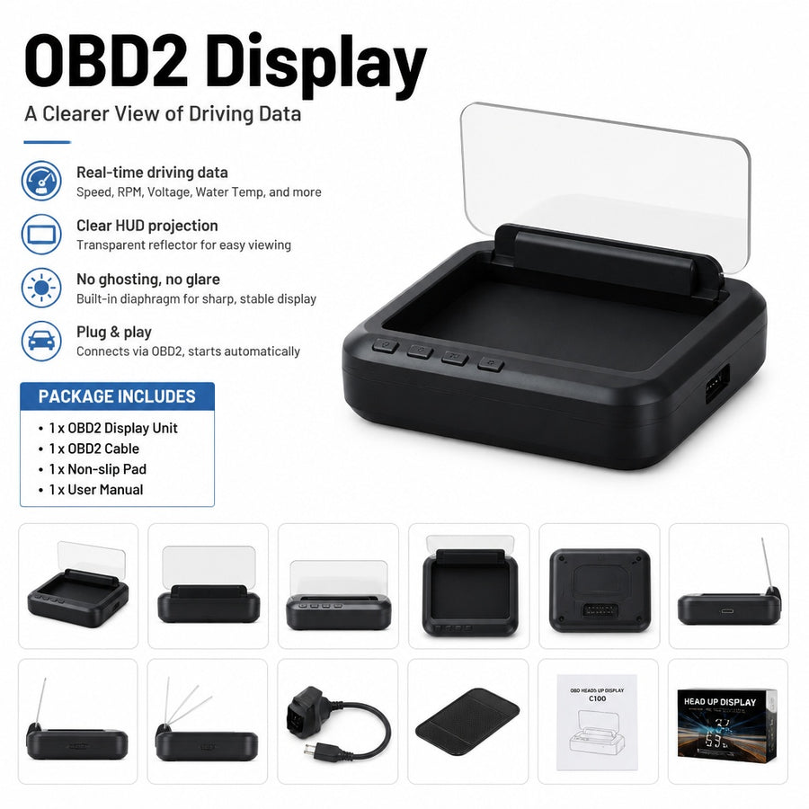 C100 OBD2 Head-Up Display for Cars, Digital Speedometer with Foldable Reflector, RPM, Battery Voltag