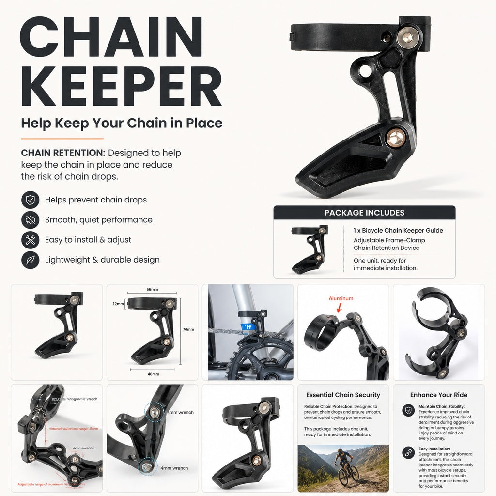 Bicycle Chain Keeper Guide, Adjustable Clamp-On Chain Retention Device for Compatible Road and Mount