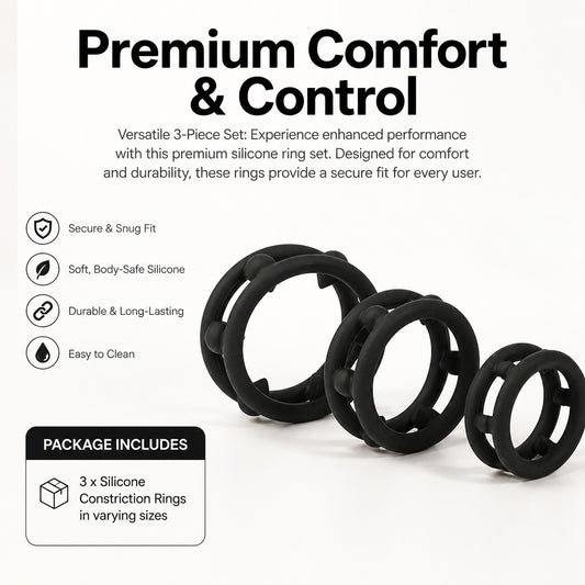 3-Piece Flexible Black Penis Ring Set, Double-Band Design with Rounded Connectors, Three Sizes