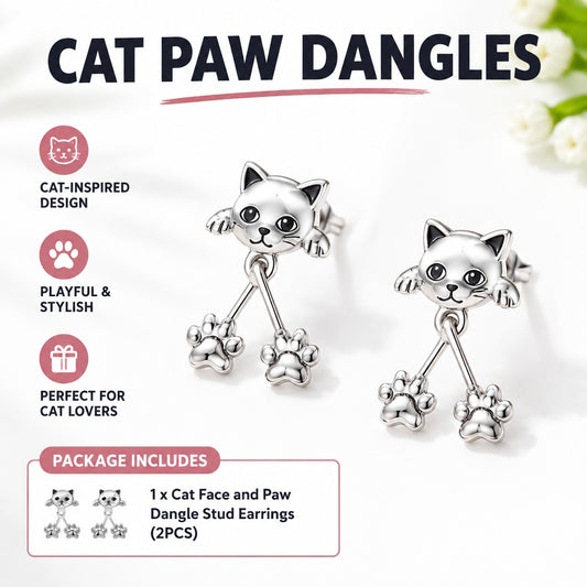 Cat Face and Paw Dangle Stud Earrings, 925 Sterling Silver, 1.5 x 1.1 cm
