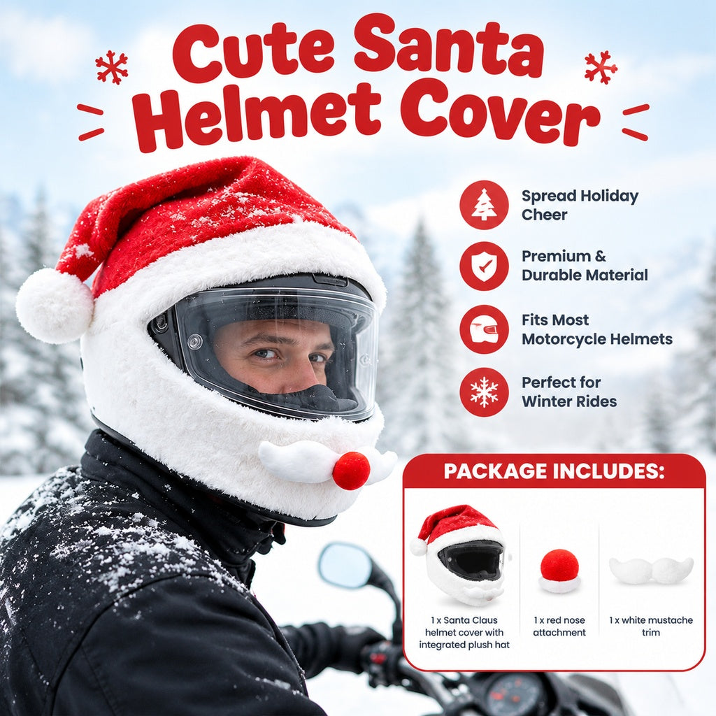Plush Santa Motorcycle Helmet Cover with Drooping Hat, Beard and Red Nose, for Compatible Full-Face 