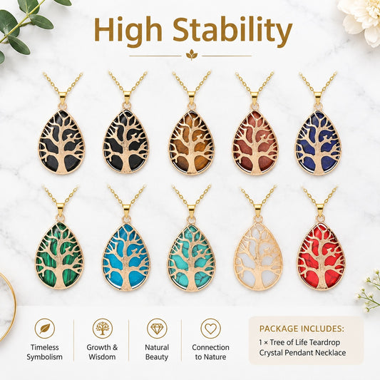 Gold Tone Tree of Life Teardrop Pendant Necklace, Hollow Branch Design with Colored Stone Inlay, Adj