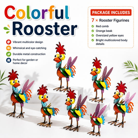 Colorful Metal Rooster Garden Statue, Whimsical Yard and Patio Decor, 22 cm Tall